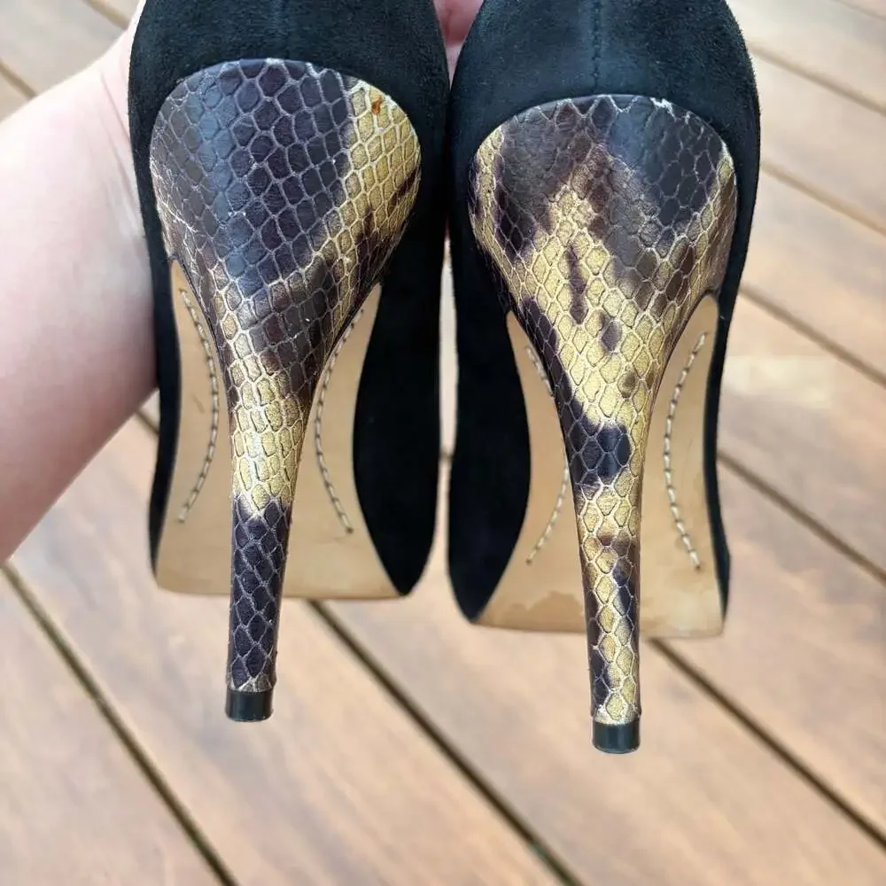 Boutique 9 Bubbles Black Suede & Snakeskin Print Leather Peep Toe Pumps Size 8